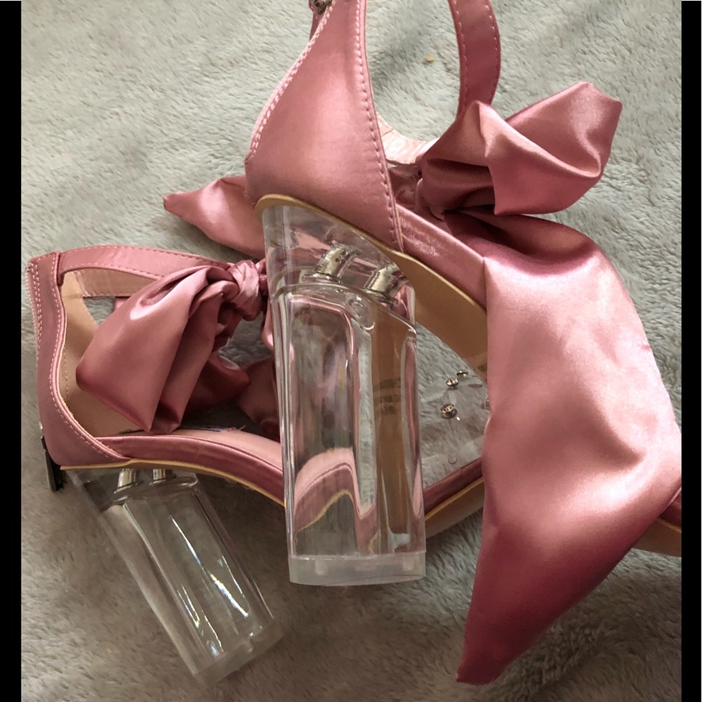 Mauve Ribbon Tie Clear Strap Lucite Heel - Picture 2 of 6